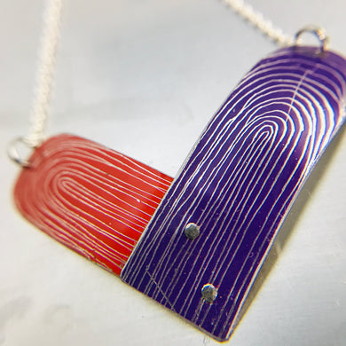 RESERVED Scarlet and Royal Purple Etched Tin Heart Recycled Necklace