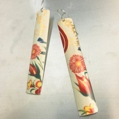 Red Blossoms & Golden Filigree Narrow Rectangle Tin Earrings