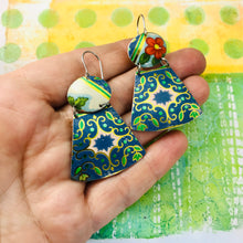 Load image into Gallery viewer, Vintage Green &amp; Blue Small Fans Zero Waste Tin Earrings