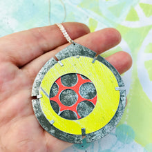 Load image into Gallery viewer, Encircled Red in Sunny Yellow Upcycled Tin Earrings