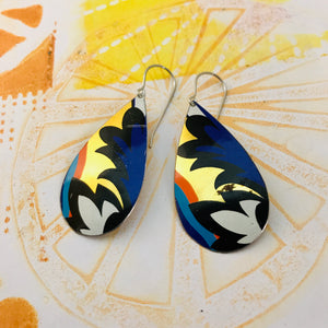 Blue Wave on Gold Upcycled Teardrop Tin Earrings