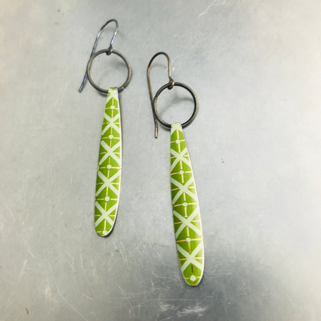 Green  & Gold Lattice Long Teardrops Upcycled Tin Earrings
