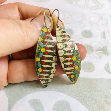 Cream Mosaic on Antique Gold Little Leaf Shape Tin Earrings