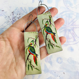 Vintage Green Parrot Long Narrow Tin Earrings