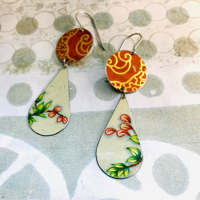 Orange Filigree & Pink Blossoms Teardrops Upcycled Teardrop Tin Earrings