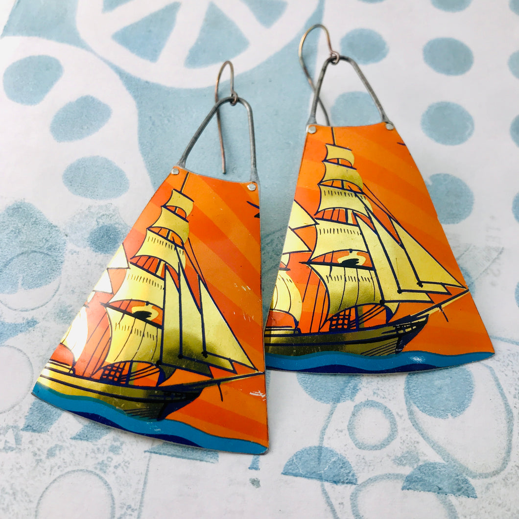 Sunset Clipper Upcycled Tin Long Fans Earrings