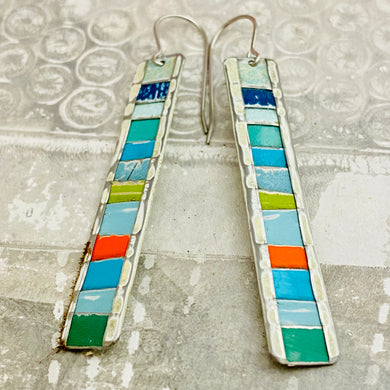 Aquas & Pop of Orange Fenced & Folded Rectangle Tin Earrings