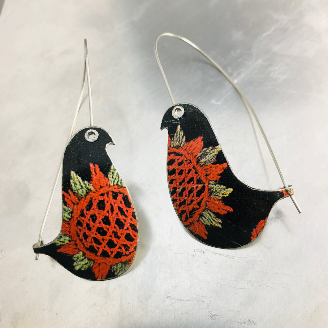 Embroidered Sun Birds on a Wire Upcycled Tin Earrings