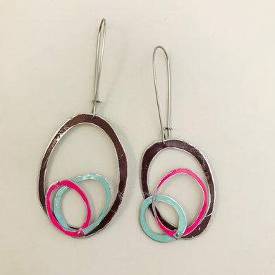 Chocolate, Aqua & Pink Upcycled Tin Scribble Earrings