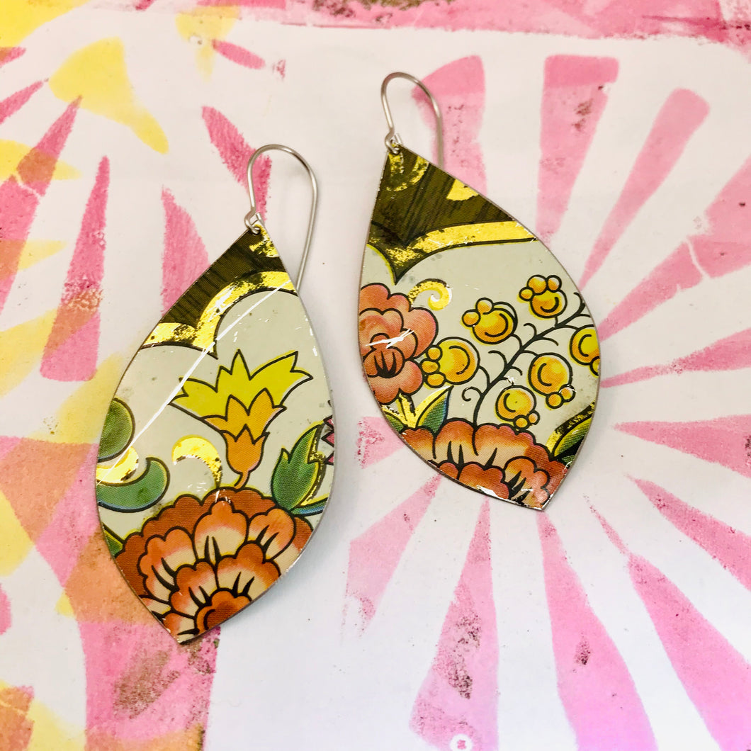Orange Flowers Upcycled Long Pod Tin Earrings