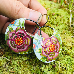 Red Violet Blossoms Circles Upcycled Tin Earrings