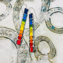 Load image into Gallery viewer, Rainbow Fenced Narrow Rectangle Tin Earrings