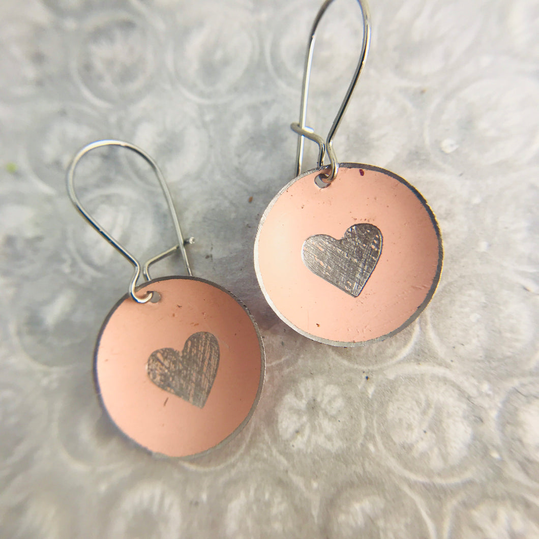 Etched Silver Heart on Soft Pink Tiny Dot Tin Earrings
