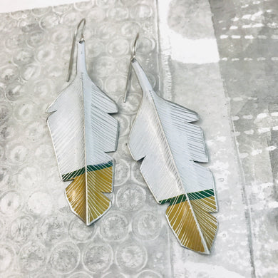 White & Gold Tipped Feathers Upcycled Tin Earrings