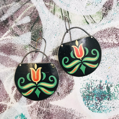 Tulips on Midnight Circles Upcycled Tin Earrings