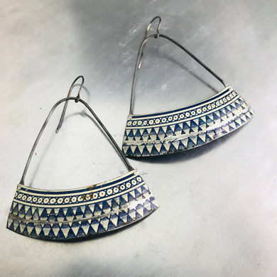 Delft Blue Triangle Pattern Wide Arc Zero Waste Tin Earrings