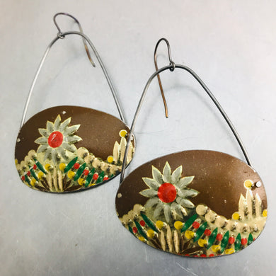 Embossed Pale Blue Flower Oval Recycled Tin Earrings