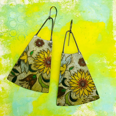 Vintage Yellow Blossoms Upcycled Tin Long Fans Earrings