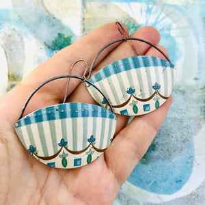 Gray Blue Stripes on Cream Recycled Tin Circle Earrings
