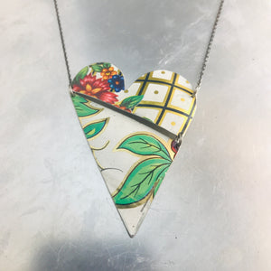 Vintage Leaves and Lattice Angled Tin Heart Recycled Necklace