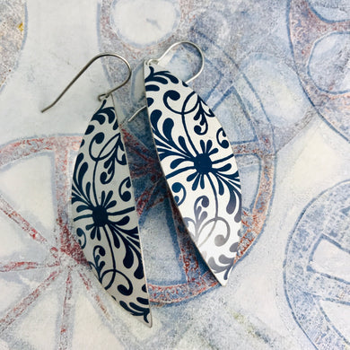 Blue Floral Pattern Upcycled Tin Leaf Earrings