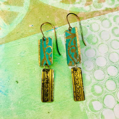 Mixed Vintage Edge Pattern Turquoise & Gold Recycled Tin Earrings