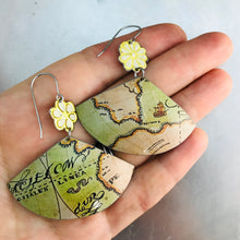 Load image into Gallery viewer, Vintage Maps and Flowers Fan Upcycled Tin Earrings
