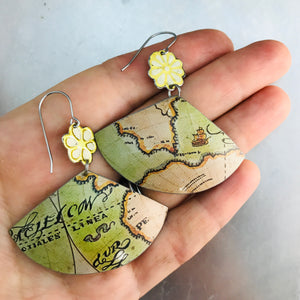 Vintage Maps and Flowers Fan Upcycled Tin Earrings