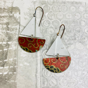 Rustic Red & Golden Swirls Upcycled Tin Sailboat Earrings