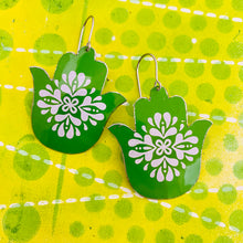 Load image into Gallery viewer, White Mandala on Bright Green Classic Hamsa Upcycled Tin Earrings