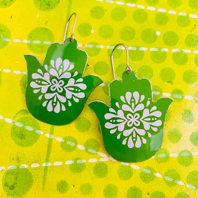 White Mandala on Bright Green Classic Hamsa Upcycled Tin Earrings