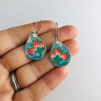 Vintage Aqua Pink Flowers Upcycled Small Teardrop Tin Earrings
