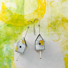 Load image into Gallery viewer, White Daisies Tiny Tin Birdhouse Earrings