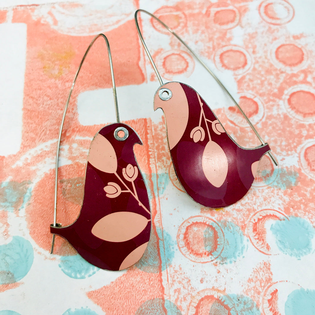 Pink Leaves on Madder Birds on a Wire Upcycled Tin Earrings