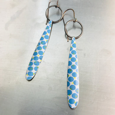 Blue Dot Pattern Long Teardrops Upcycled Tin Earrings