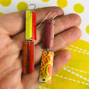 Mixed Red & Gold Patterns Rectangles Tin Earrings