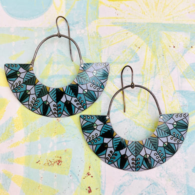 Leaf Mandala Teals Half Moon Tin Earrings