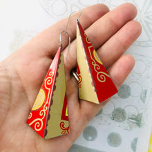 Load image into Gallery viewer, Red &amp; Camel Long Pyramids Recycled Tin Earrings