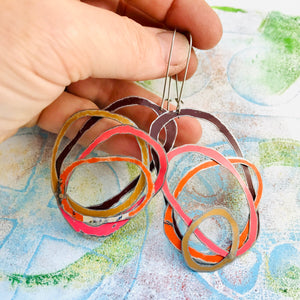 Chocolate, Coral, Persimmon, & Gold Scribbles Upcycled Tin Earrings