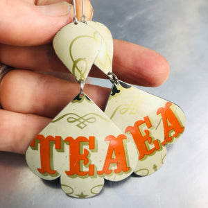 Orange Tea Typography Trefoil Upcyled Tin Earrings