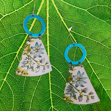 Load image into Gallery viewer, Blue Blossoms on White Small Fans Tin Earrings