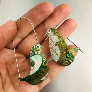 Antiqued Gold & Green Birds on a Wire Upcycled Tin Earrings