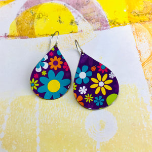 Mod Flowers on Purple Upcycled Teardrop Tin Earrings