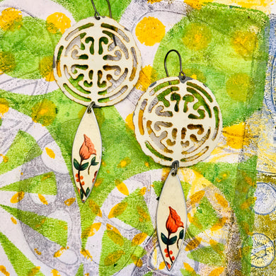 Medallions and Orange Blossoms Upcycled Teardrop Tin Earrings