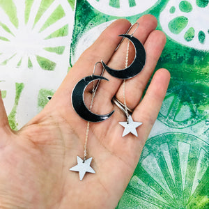 Black Crescents White Stars Upcycled Tin Earrings