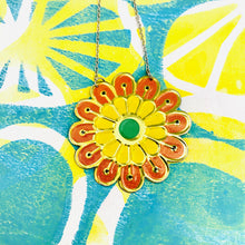 Load image into Gallery viewer, Bright Orange &amp; Yellow Blossom Upcycled Tin Necklace