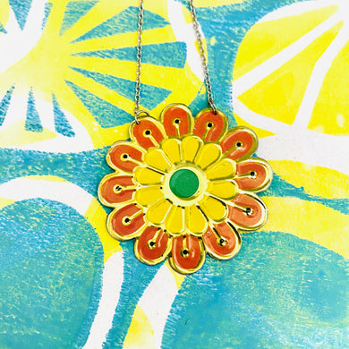 Bright Orange & Yellow Blossom Upcycled Tin Necklace