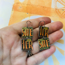 Load image into Gallery viewer, Vintage Orange Her She Recycled Tin Earrings