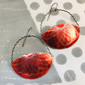 Red Spirograph Gibbous Moon Recycled Tin Earrings