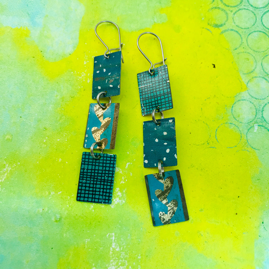 Mixed Teals Upcycled Rectangles Tin Earrings